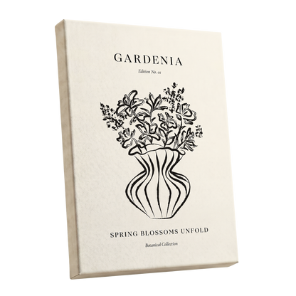 Gardenia in Stripes, black, beige, white floral wall art shown as a stretched canvas wall art