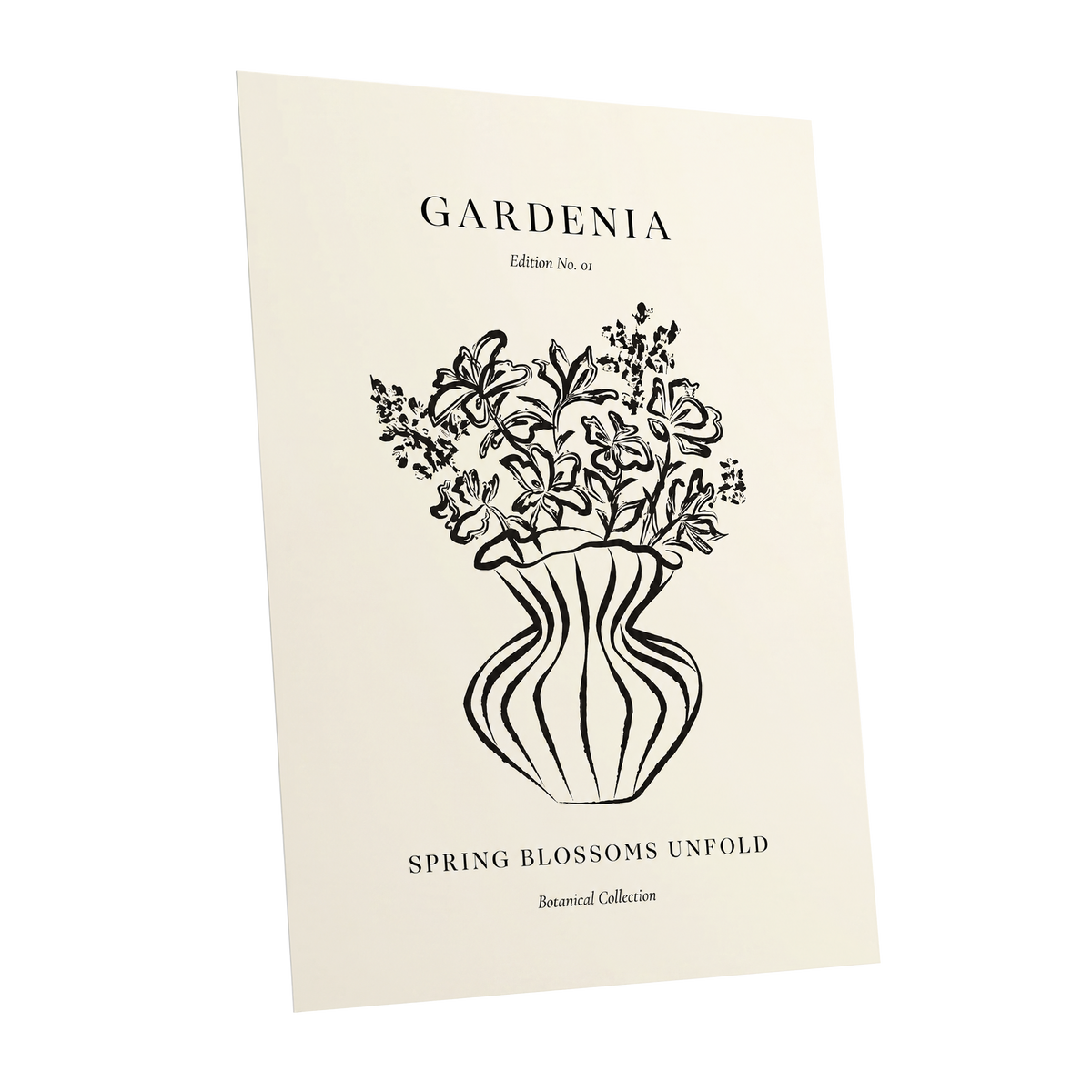 Gardenia in Stripes, black, beige, white floral wall art shown as a unframed poster wall art print