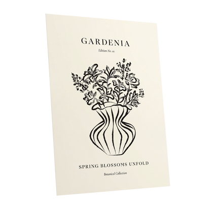 Gardenia in Stripes, black, beige, white floral wall art shown as a unframed poster wall art print