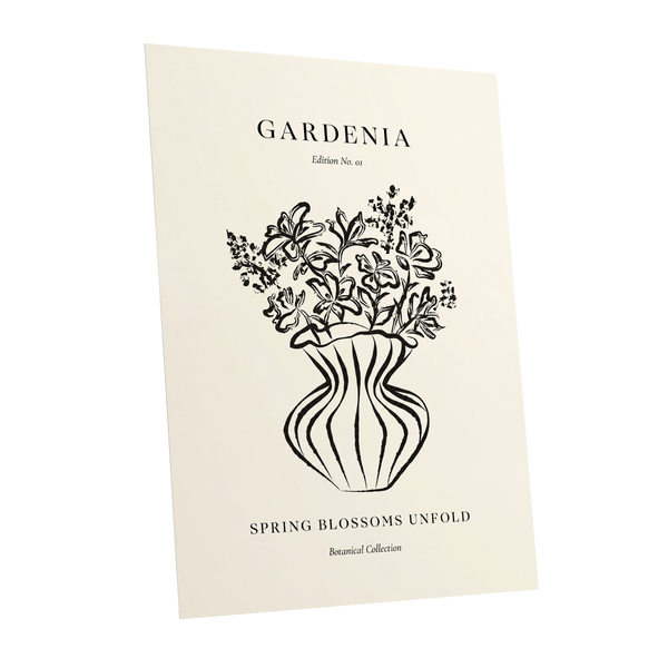 Gardenia in Stripes, black, beige, white floral wall art shown as a unframed poster wall art print