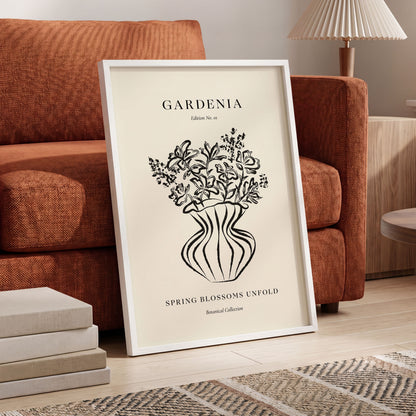 Gardenia in Stripes, black, beige, white floral wall art displayed in a styled interior, gallery view 2