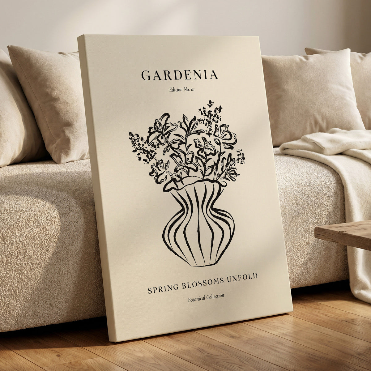Gardenia in Stripes, black, beige, white floral wall art displayed in a styled interior, gallery view 3