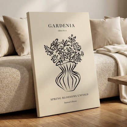 Gardenia in Stripes, black, beige, white floral wall art displayed in a styled interior, gallery view 3
