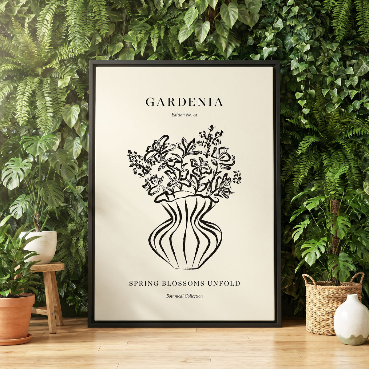 Gardenia in Stripes, black, beige, white floral wall art displayed in a styled interior, gallery view 4