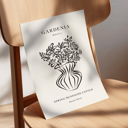 Gardenia in Stripes, black, beige, white floral wall art displayed in a styled interior, gallery view 5