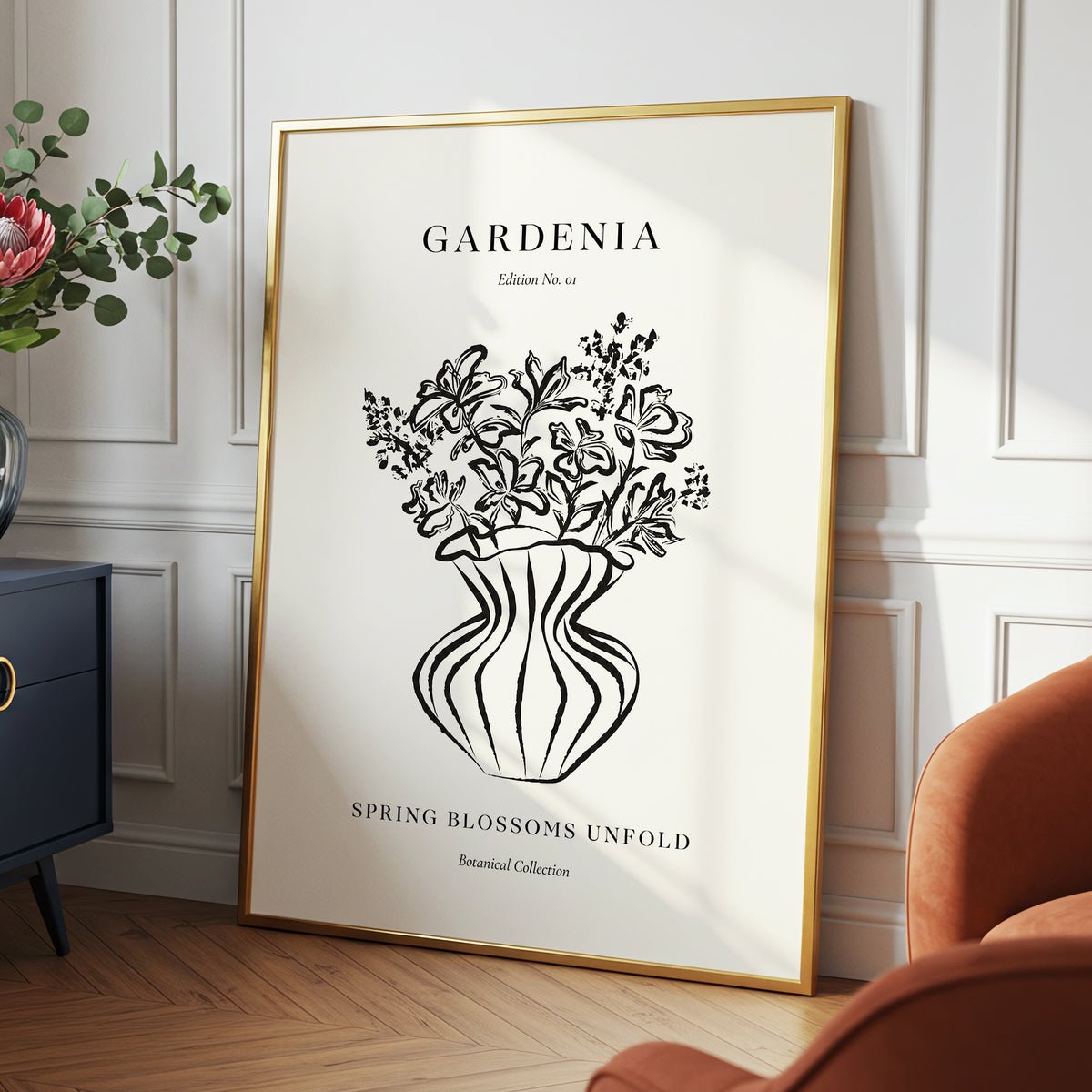 Gardenia in Stripes, black, beige, white floral wall art displayed in a styled interior, gallery view 6