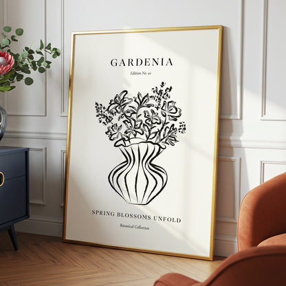 Gardenia in Stripes, black, beige, white floral wall art displayed in a styled interior, gallery view 6