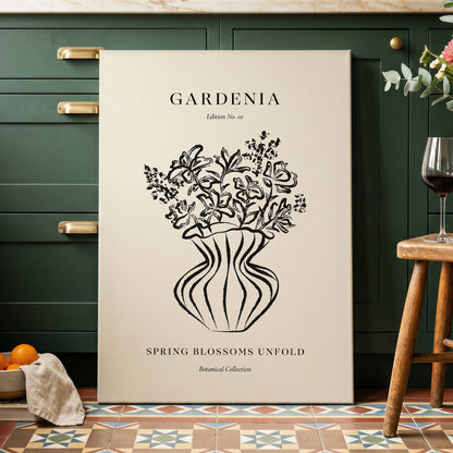 Gardenia in Stripes, black, beige, white floral wall art displayed in a styled interior, gallery view 7