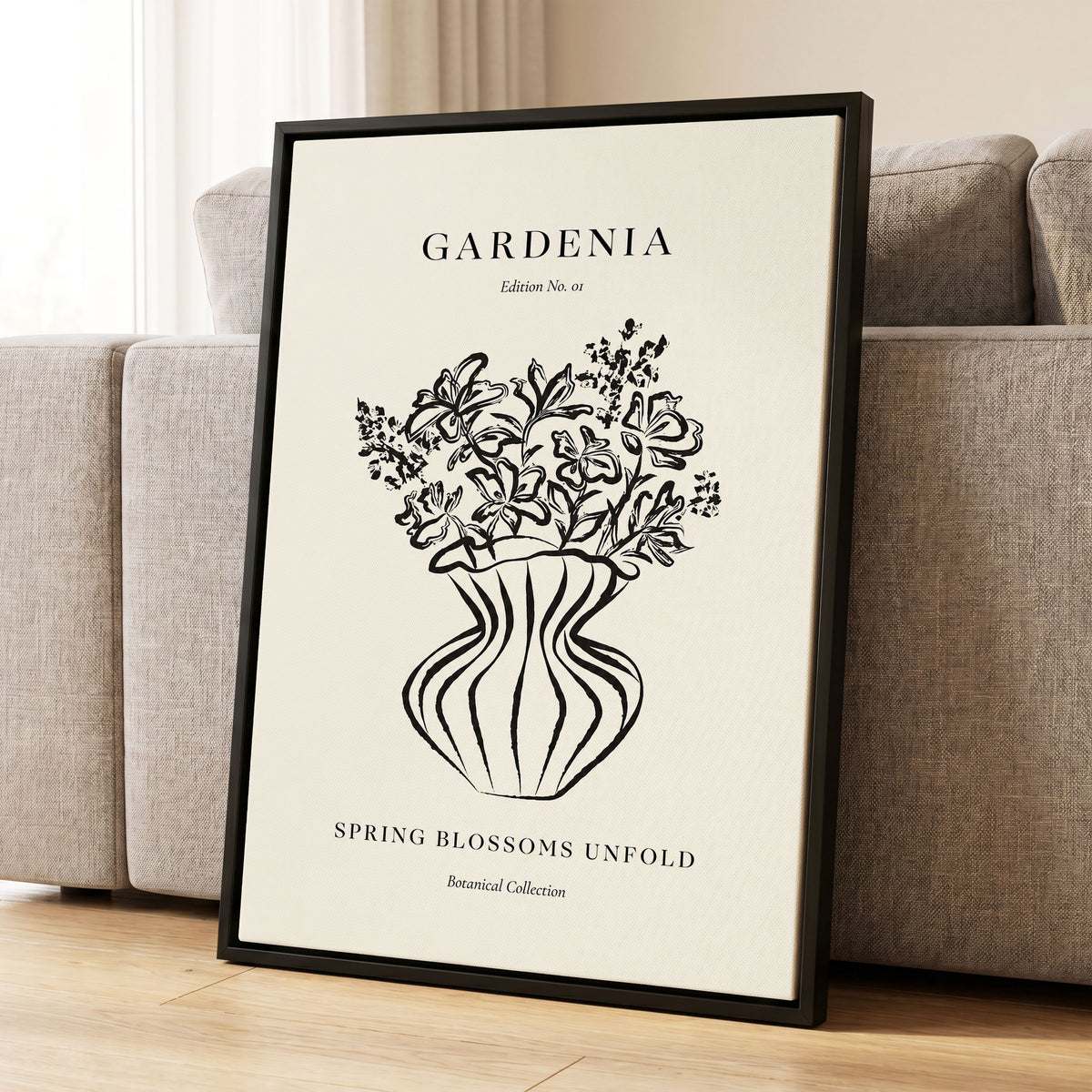Gardenia in Stripes, black, beige, white floral wall art displayed in a styled interior, gallery view 8