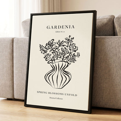 Gardenia in Stripes, black, beige, white floral wall art displayed in a styled interior, gallery view 8