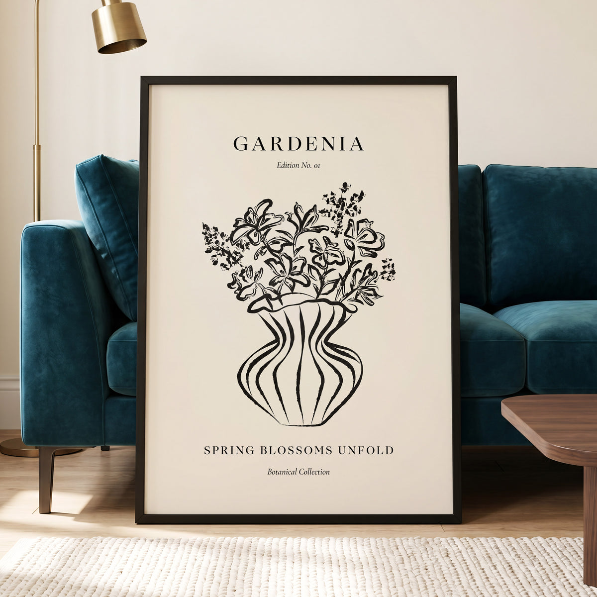 Gardenia in Stripes, black, beige, white floral wall art displayed in a styled interior, gallery view 9