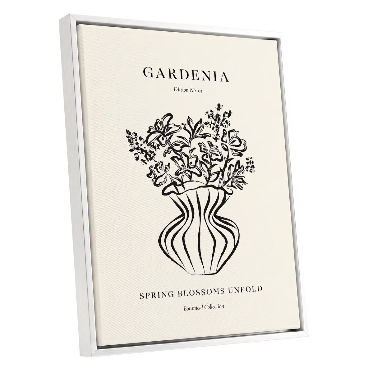 Gardenia in Stripes, black, beige, white floral wall art shown as a white framed canvas wall art