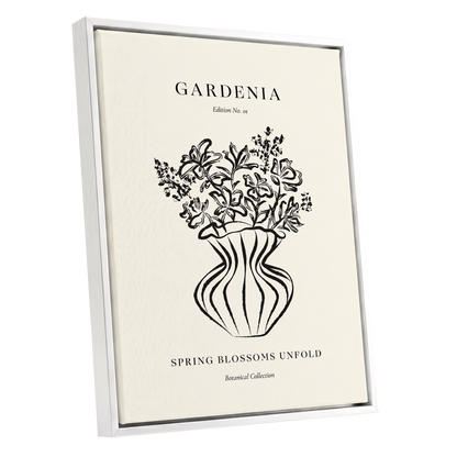 Gardenia in Stripes, black, beige, white floral wall art shown as a white framed canvas wall art
