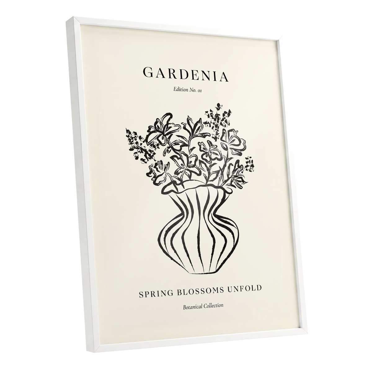 Gardenia in Stripes, black, beige, white floral wall art shown as a white framed poster wall art print