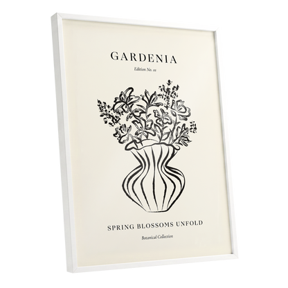 Gardenia in Stripes, black, beige, white floral wall art shown as a white framed poster wall art print