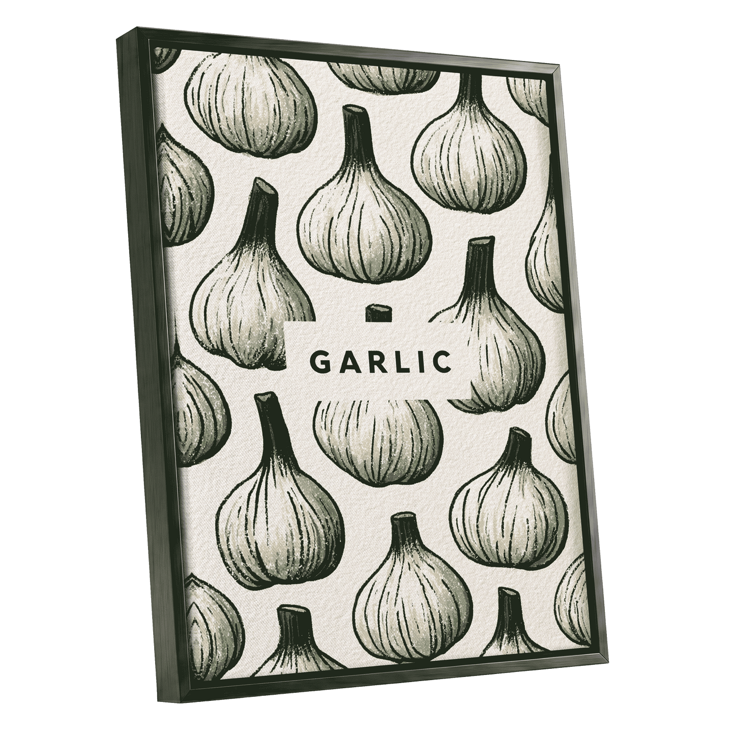 Garlic Garden, green, beige, white nature wall art shown as a black framed canvas wall art