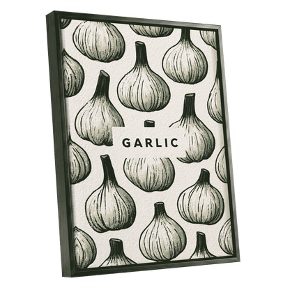 Garlic Garden, green, beige, white nature wall art shown as a black framed canvas wall art