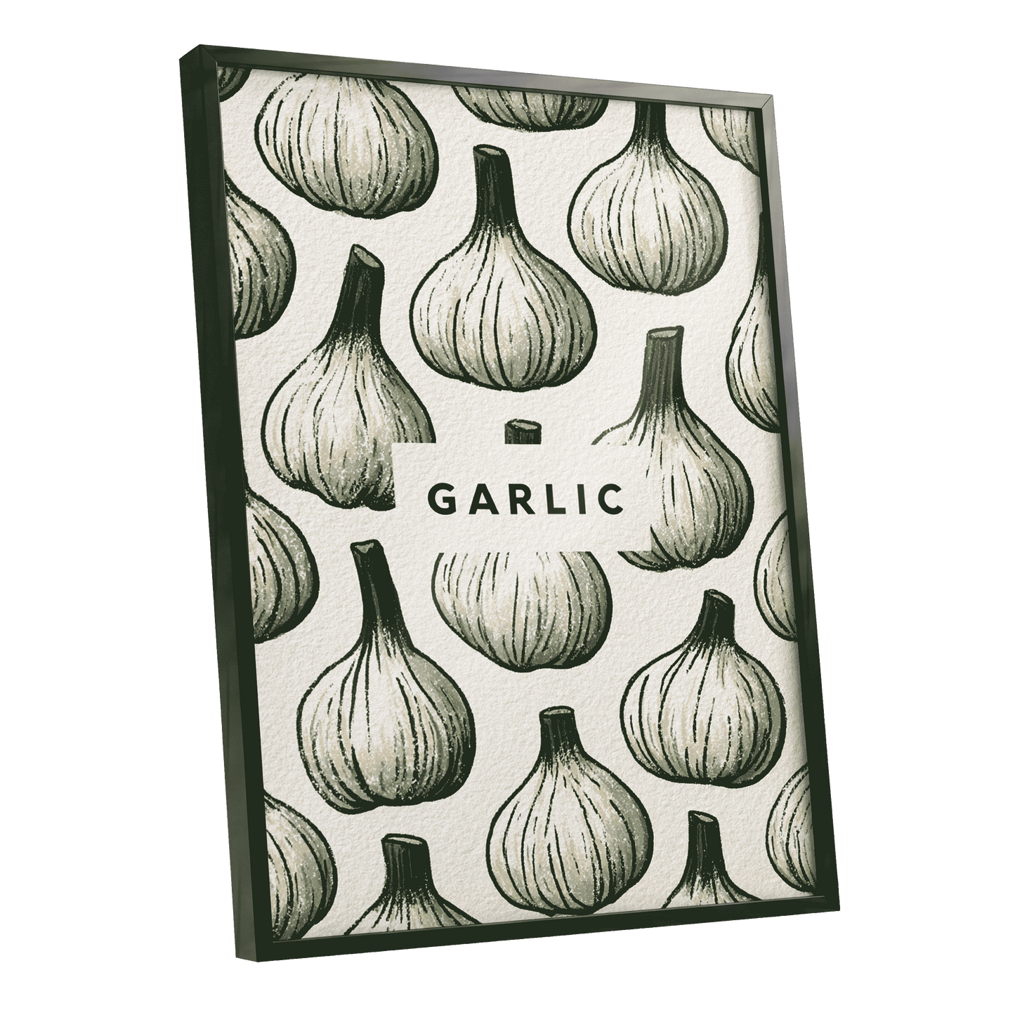 Garlic Garden, green, beige, white nature wall art shown as a black framed poster wall art print