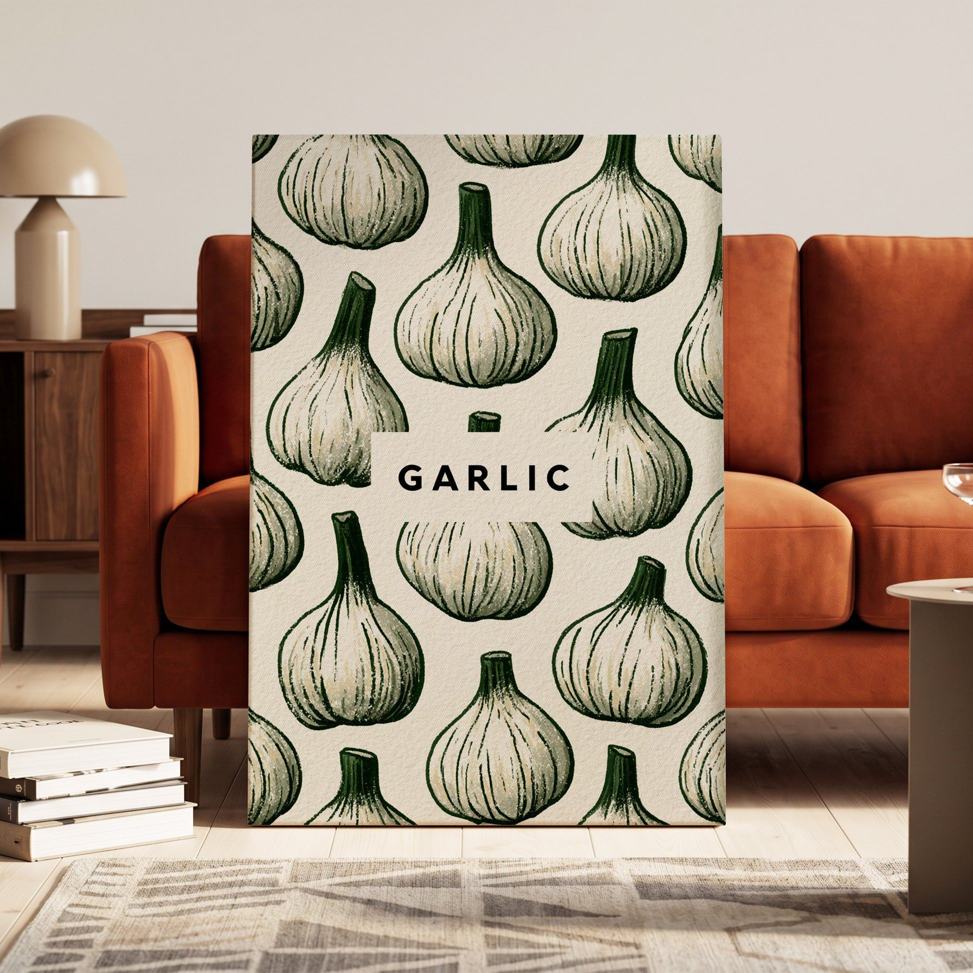 Garlic Garden, green, beige, white nature wall art on canvas displayed in a styled interior, gallery view 1