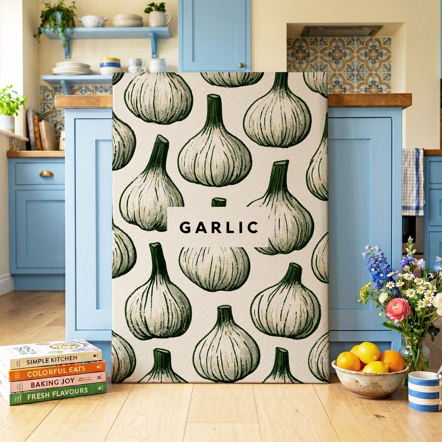 Garlic Garden, green, beige, white nature wall art on canvas displayed in a styled interior, gallery view 2
