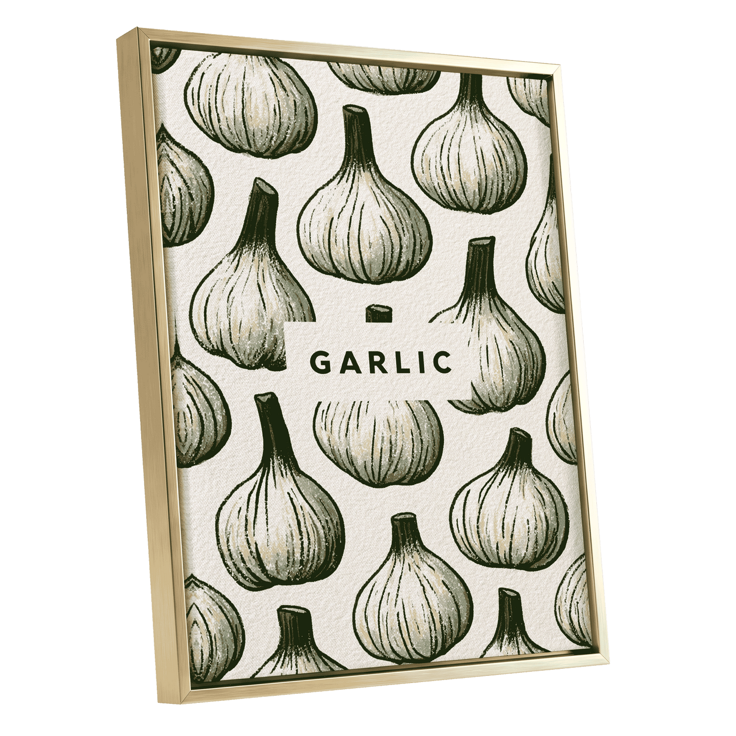 Garlic Garden, green, beige, white nature wall art shown as a gold framed canvas wall art