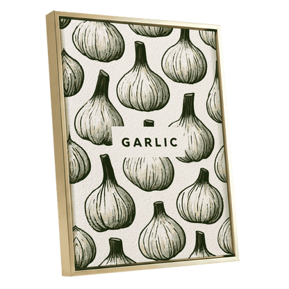 Garlic Garden, green, beige, white nature wall art shown as a gold framed canvas wall art