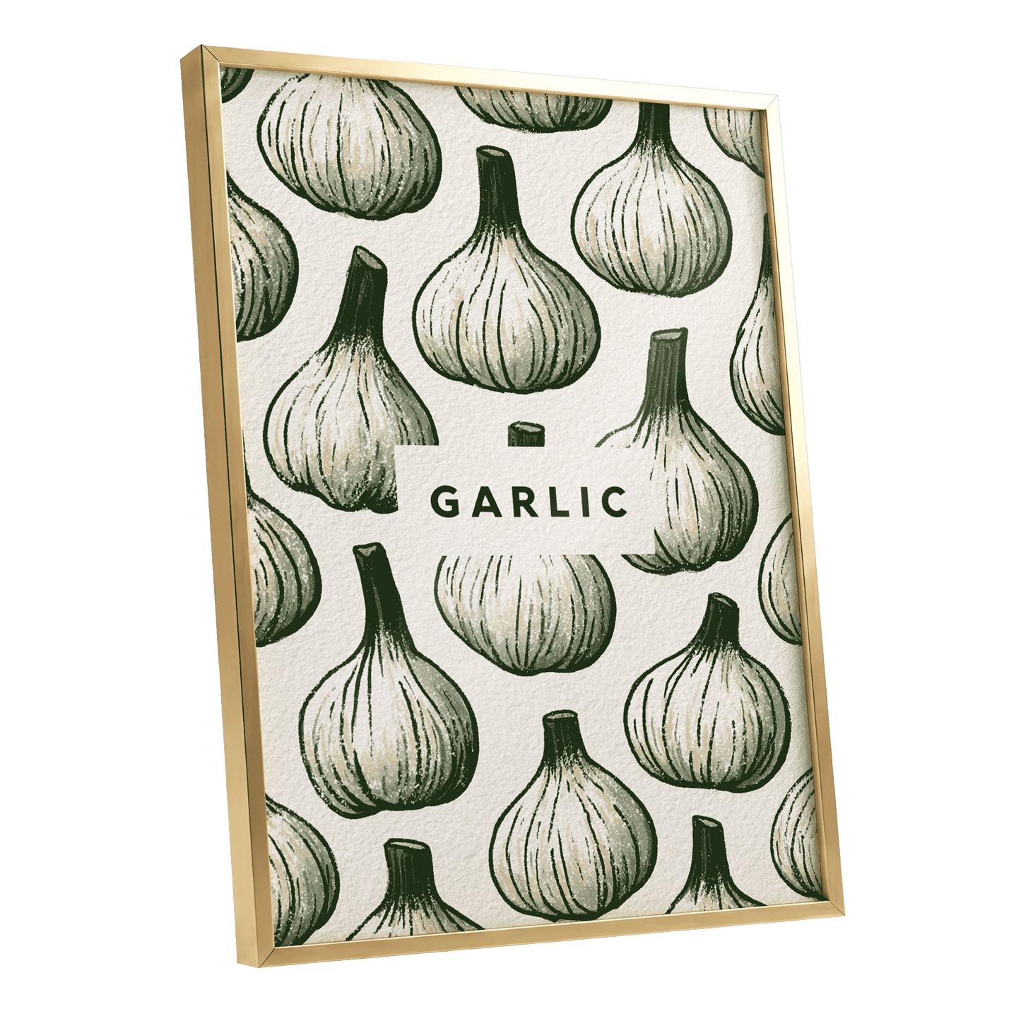 Garlic Garden, green, beige, white nature wall art shown as a gold framed poster wall art print