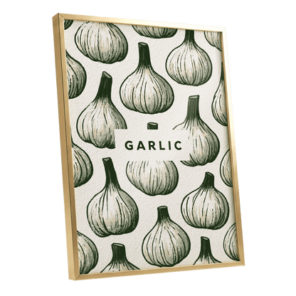Garlic Garden, green, beige, white nature wall art shown as a gold framed poster wall art print