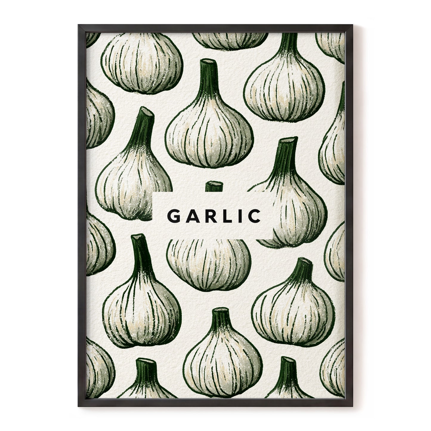 Garlic Garden, green, beige, white nature wall art, front artwork view