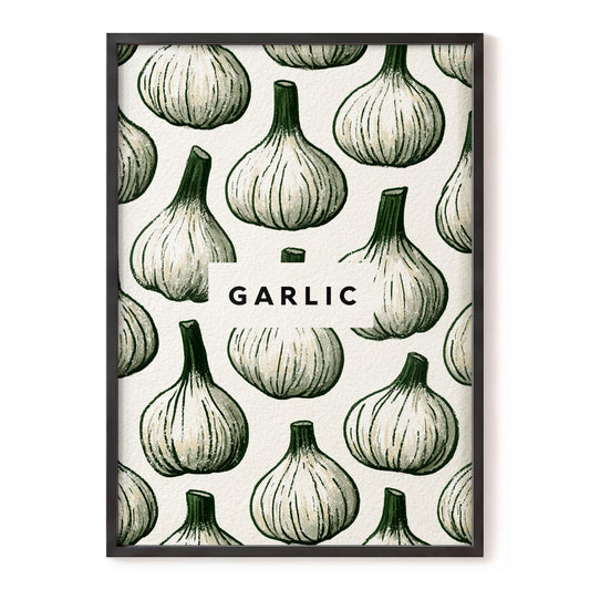 Garlic Garden, green, beige, white nature wall art, front artwork view