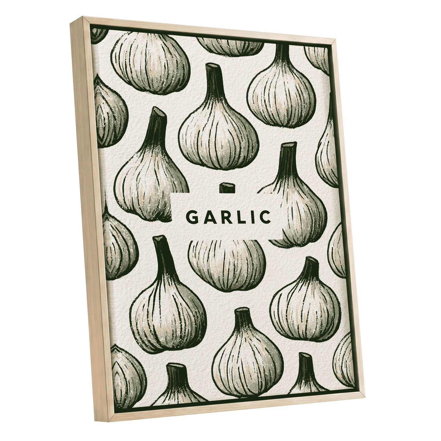 Garlic Garden, green, beige, white nature wall art shown as a oak framed canvas wall art