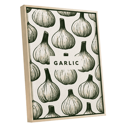 Garlic Garden, green, beige, white nature wall art shown as a oak framed canvas wall art