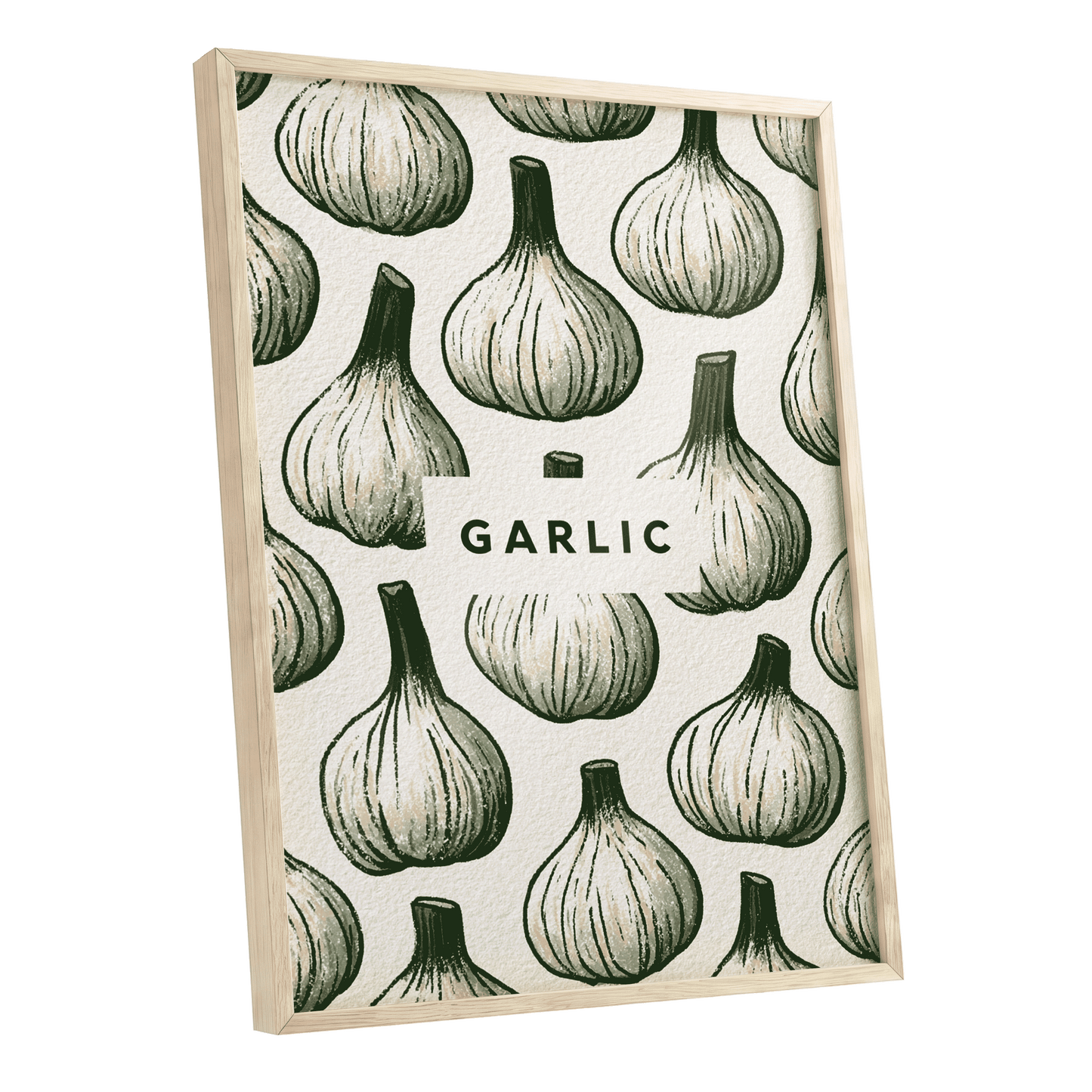Garlic Garden, green, beige, white nature wall art shown as a oak framed poster wall art print
