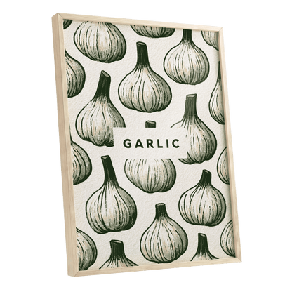 Garlic Garden, green, beige, white nature wall art shown as a oak framed poster wall art print
