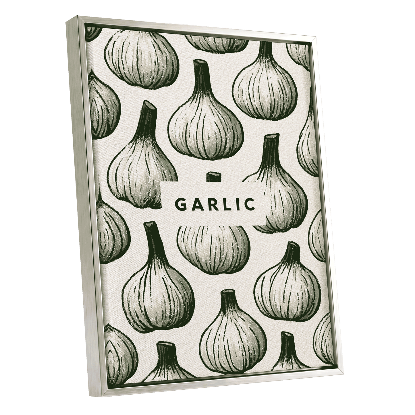 Garlic Garden, green, beige, white nature wall art shown as a silver framed canvas wall art