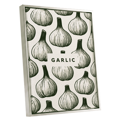 Garlic Garden, green, beige, white nature wall art shown as a silver framed canvas wall art