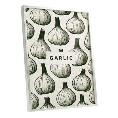 Garlic Garden, green, beige, white nature wall art shown as a silver framed poster wall art print