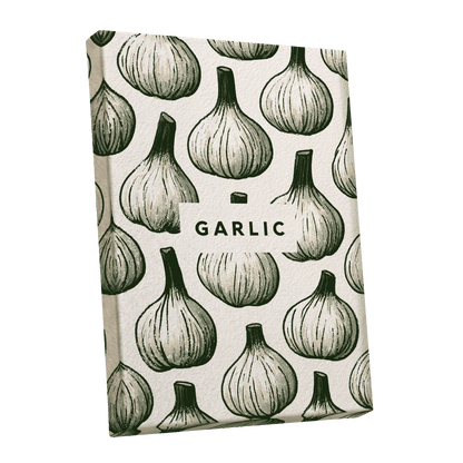Garlic Garden, green, beige, white nature wall art shown as a stretched canvas wall art