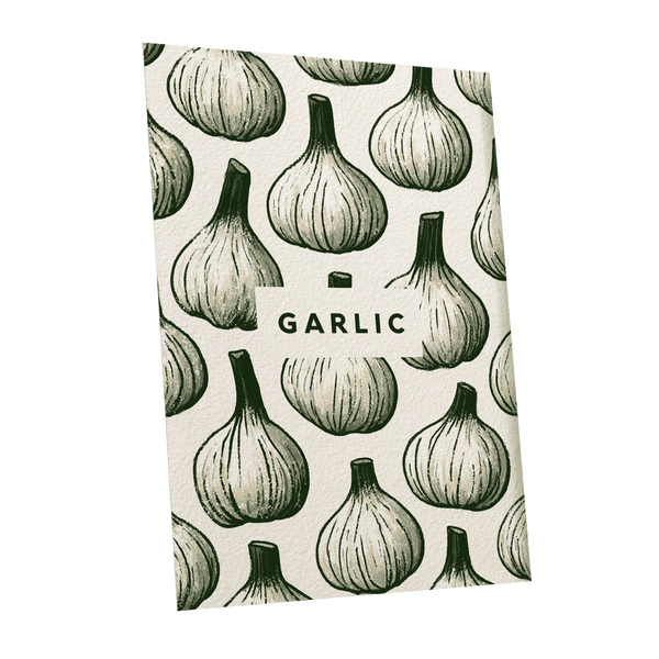 Garlic Garden, green, beige, white nature wall art shown as a unframed poster wall art print