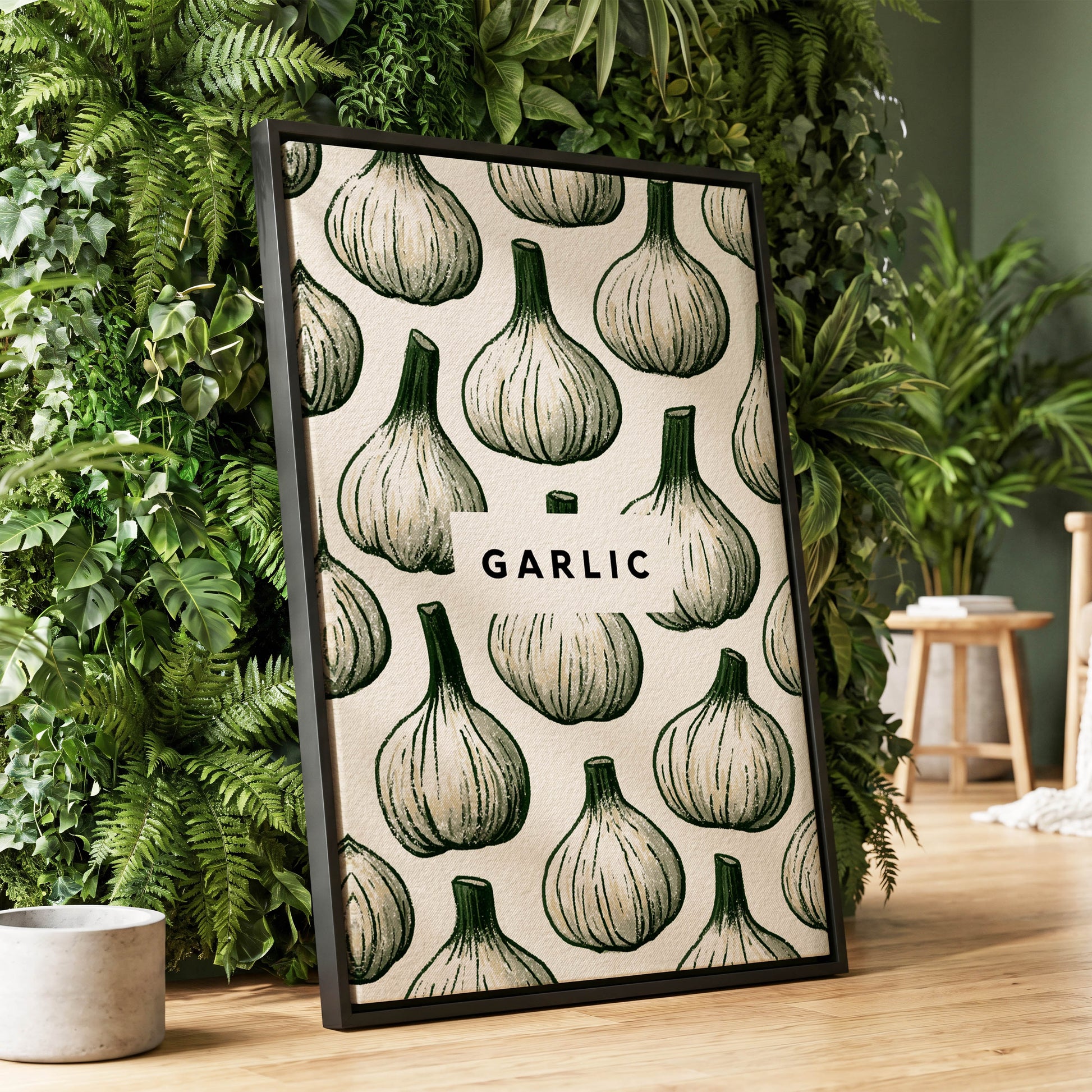 Garlic Garden, green, beige, white nature wall art displayed in a styled interior, gallery view 1