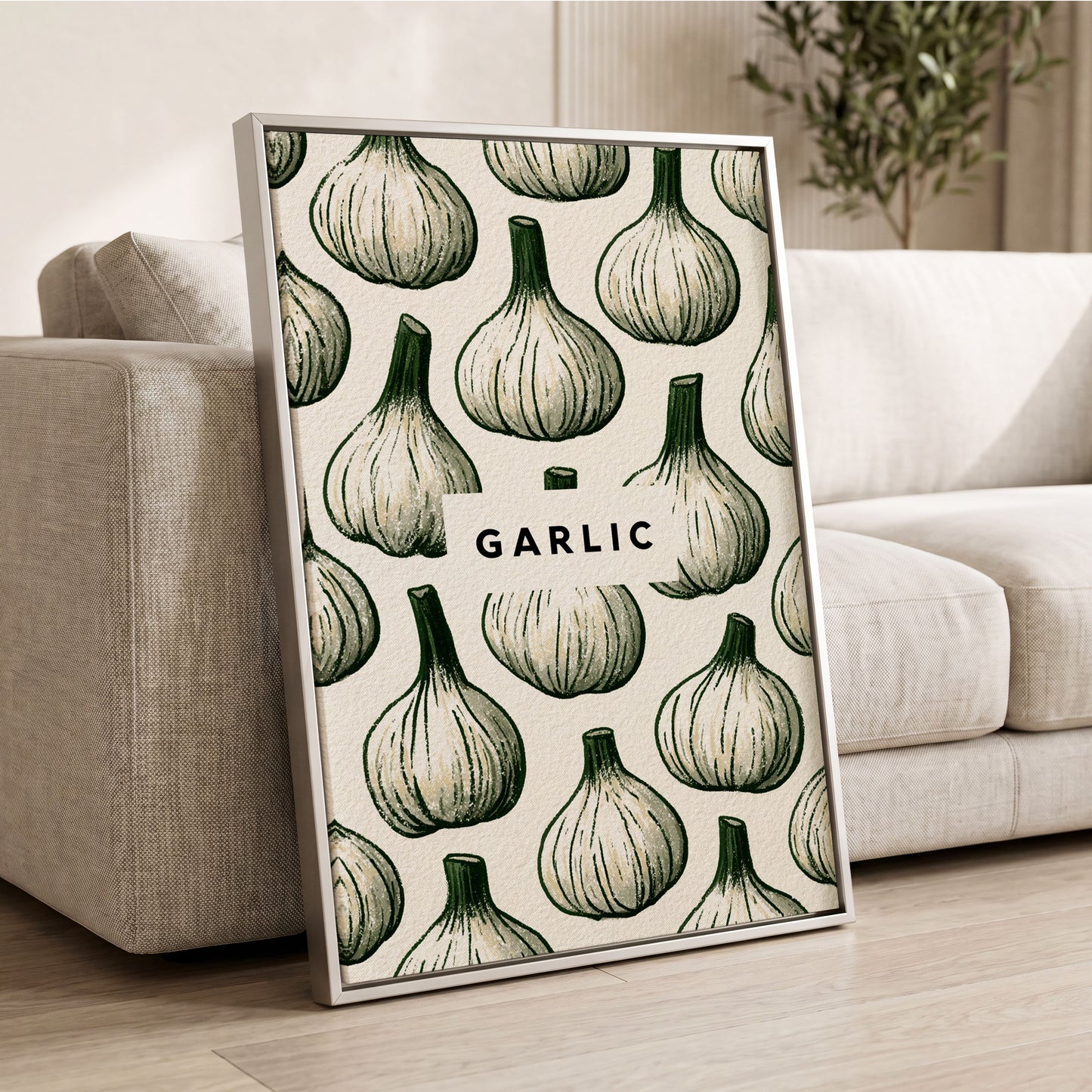 Garlic Garden, green, beige, white nature wall art displayed in a styled interior, gallery view 2