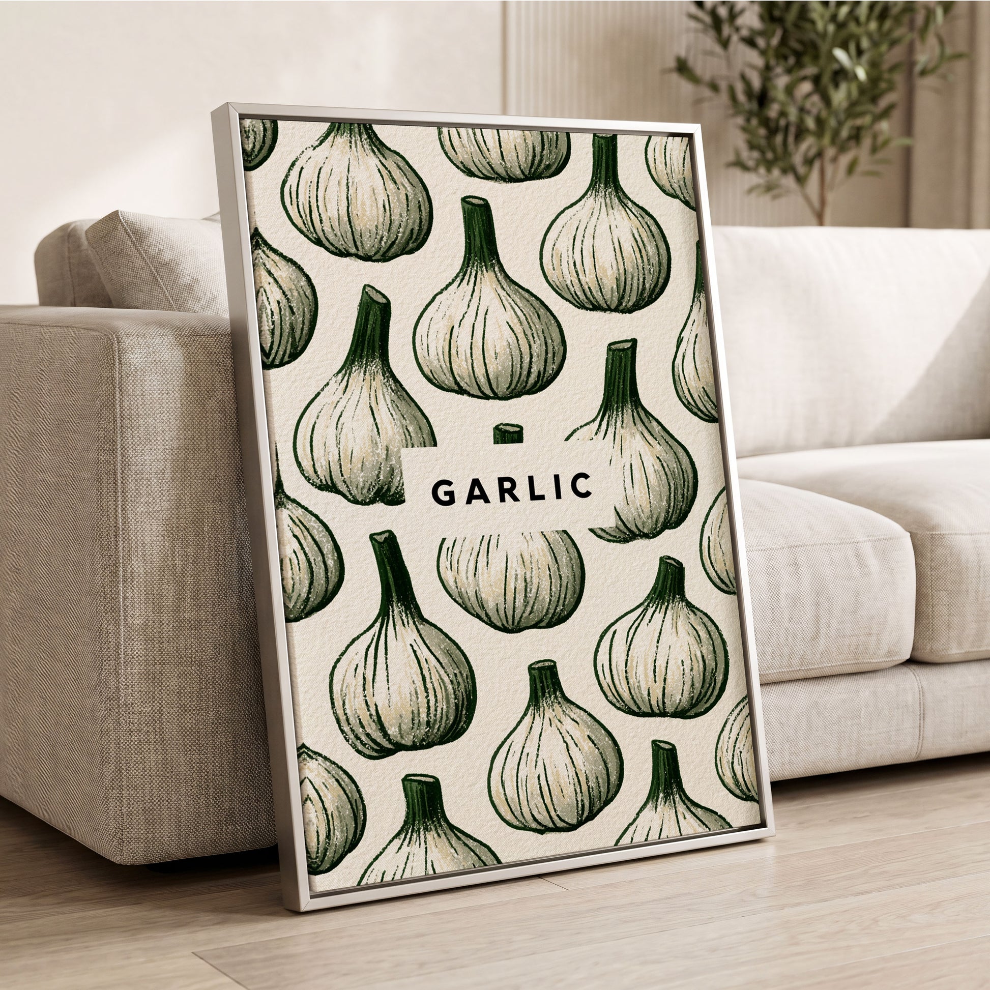 Garlic Garden, green, beige, white nature wall art displayed in a styled interior, gallery view 2