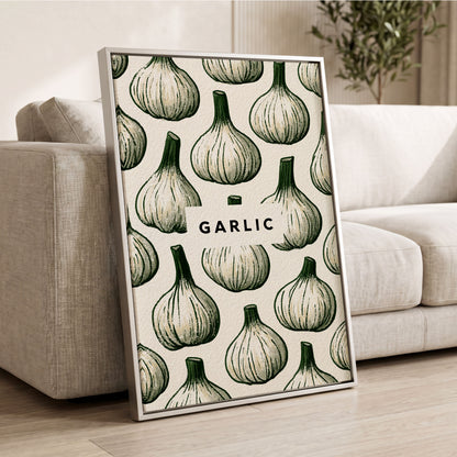 Garlic Garden, green, beige, white nature wall art displayed in a styled interior, gallery view 2