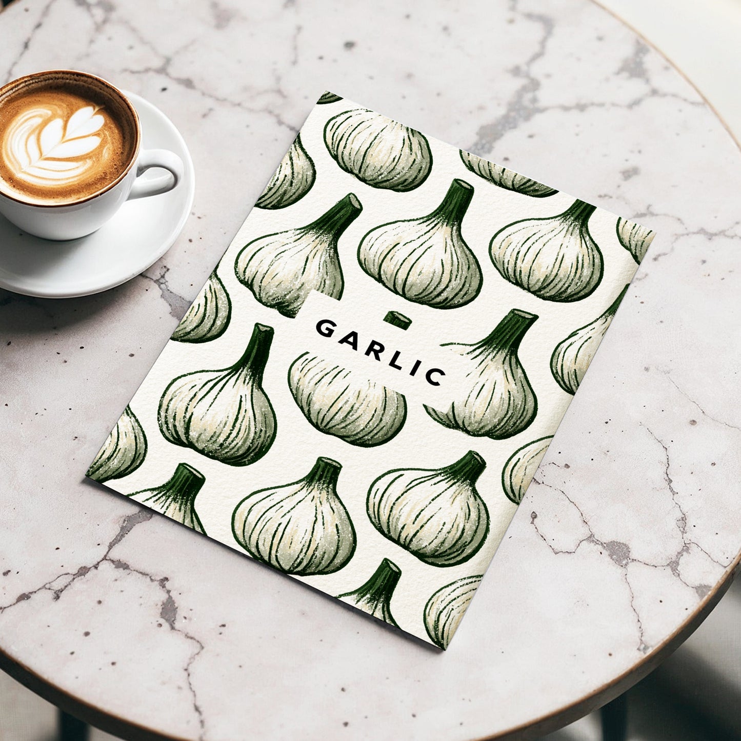 Garlic Garden, green, beige, white nature wall art displayed in a styled interior, gallery view 3