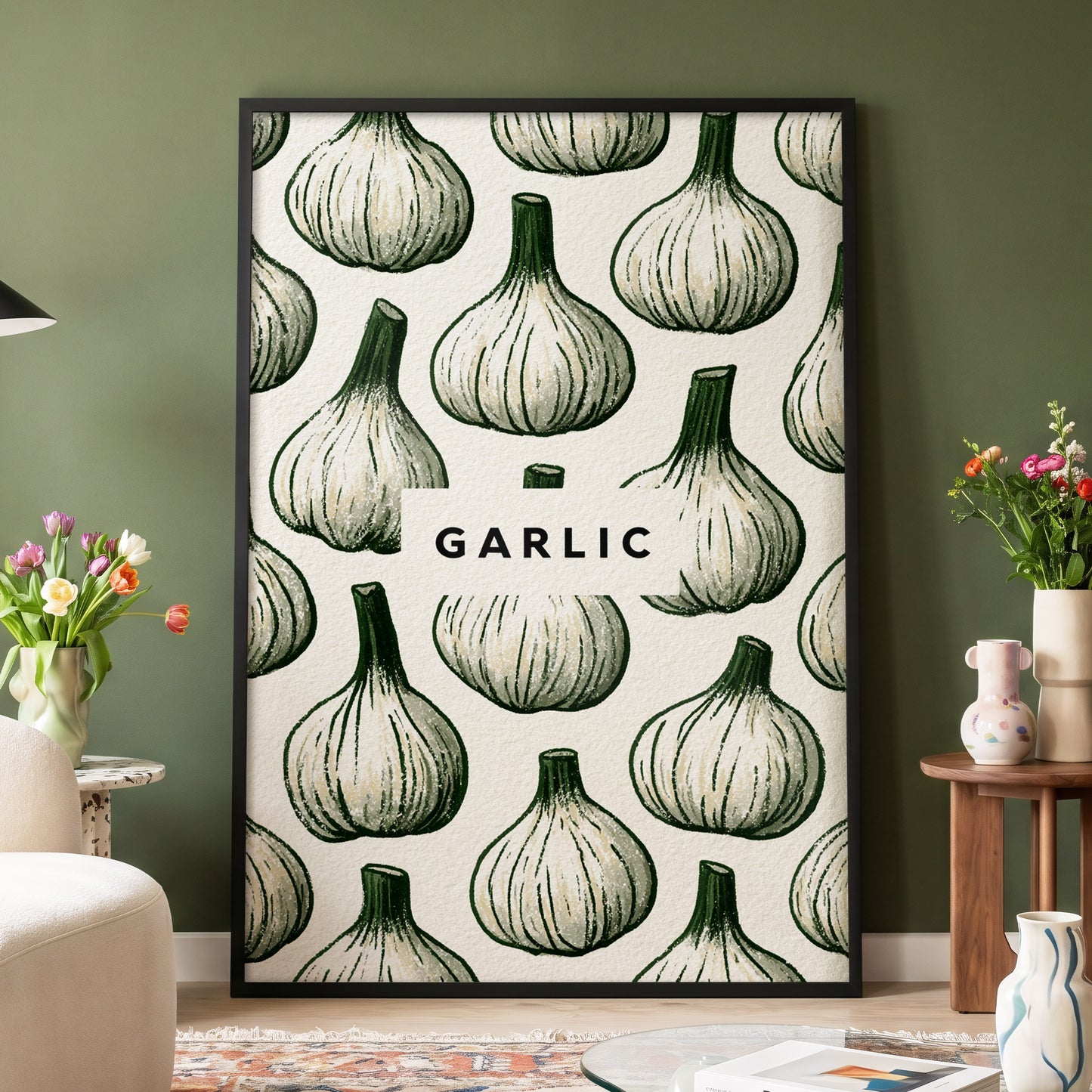 Garlic Garden, green, beige, white nature wall art displayed in a styled interior, gallery view 4