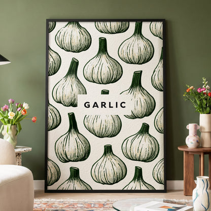 Garlic Garden, green, beige, white nature wall art displayed in a styled interior, gallery view 4