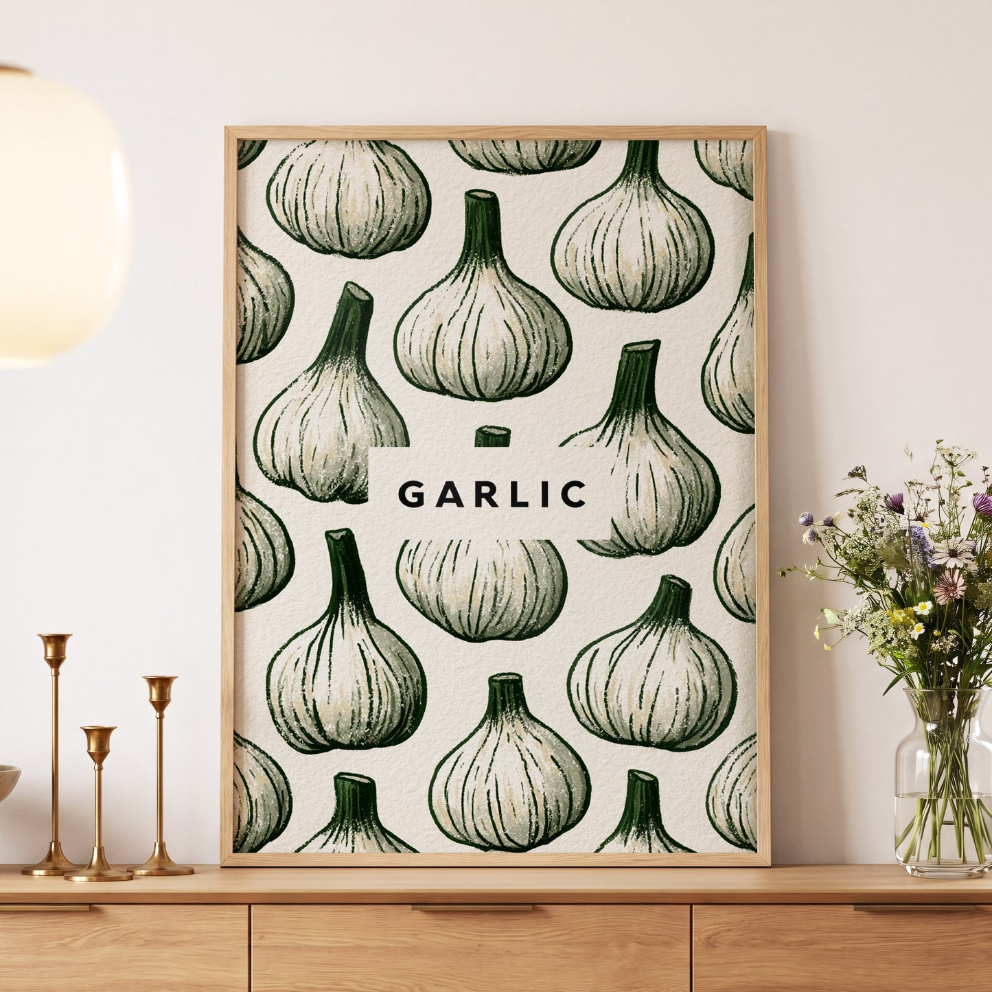 Garlic Garden, green, beige, white nature wall art displayed in a styled interior, gallery view 5