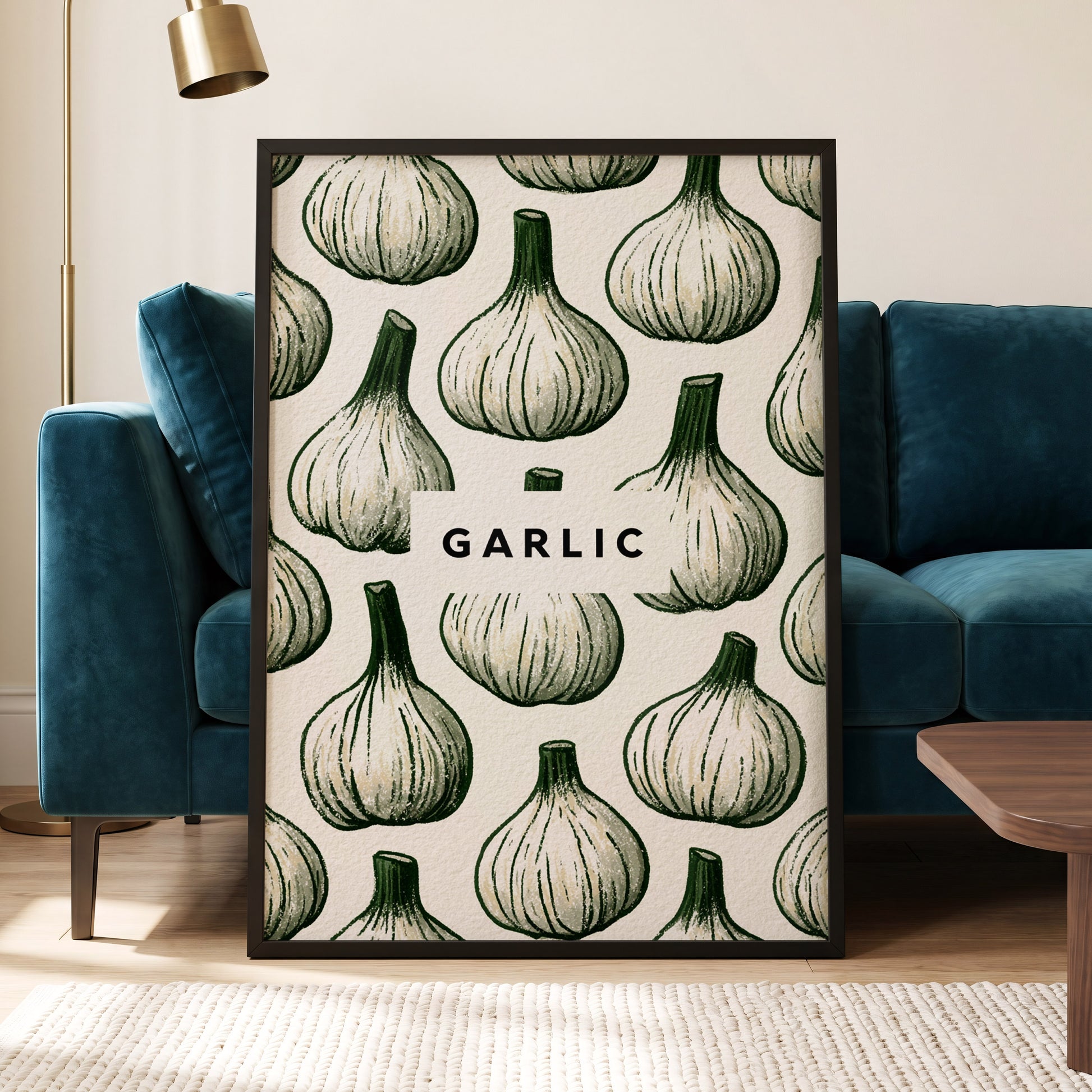 Garlic Garden, green, beige, white nature wall art displayed in a styled interior, gallery view 6