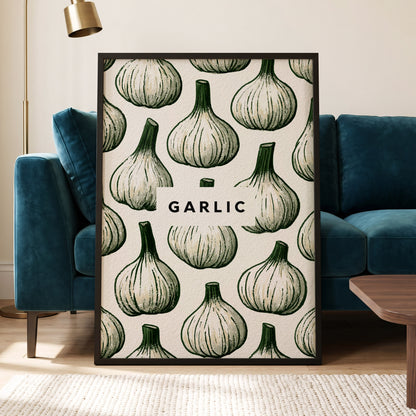Garlic Garden, green, beige, white nature wall art displayed in a styled interior, gallery view 6