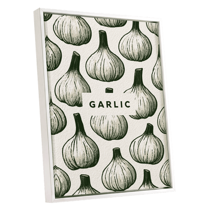 Garlic Garden, green, beige, white nature wall art shown as a white framed canvas wall art